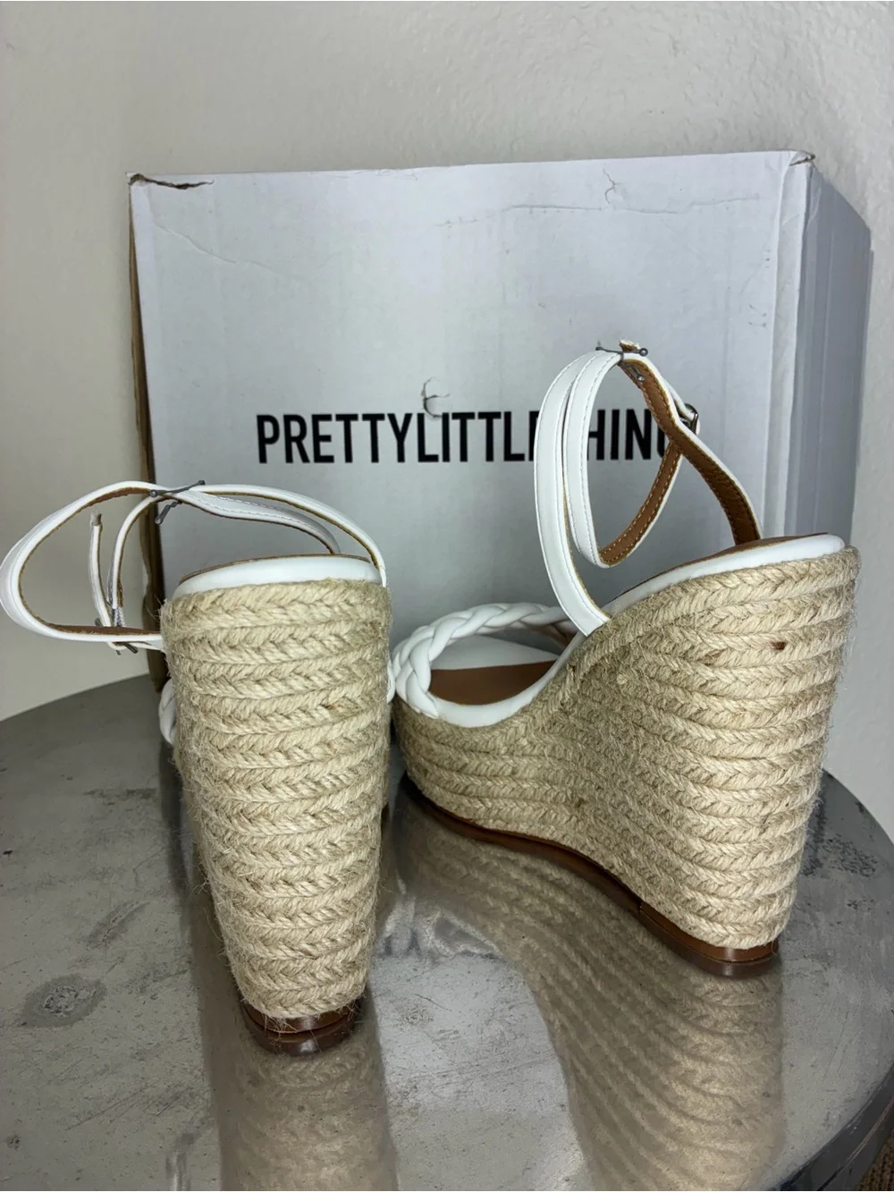 New PrettyLittleThing White Braided Espadrille Wedge Sandals, size 7